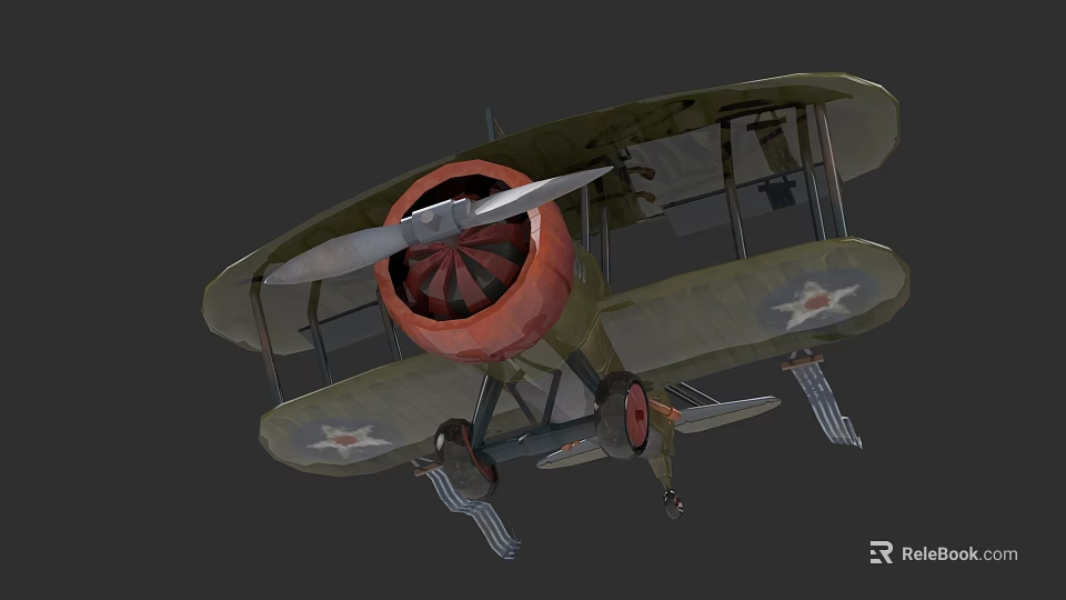 Vintage Biplane Fighter With Green Red Color Scheme And Star Insignia 3d model 