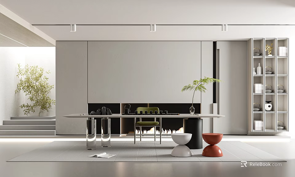 Modern Minimalist Tea Room Interior With Table Chairs And Plants 3d model
