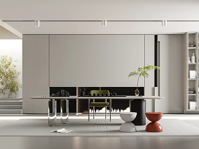 Modern Minimalist Tea Room Interior With Table Chairs And Plants 3d model