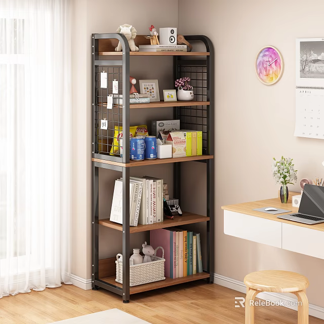 Home Office Desk With Laptop Vase Stationery And Bookshelf Featuring Books Decorative Items 3d model 