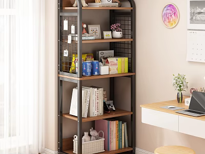 Home Office Desk With Laptop Vase Stationery And Bookshelf Featuring Books Decorative Items 3d model