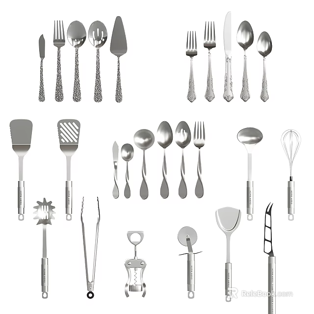 Complete Stainless Steel Cutlery Set with Spoons Forks Knives and Kitchen Utensils 3d model 