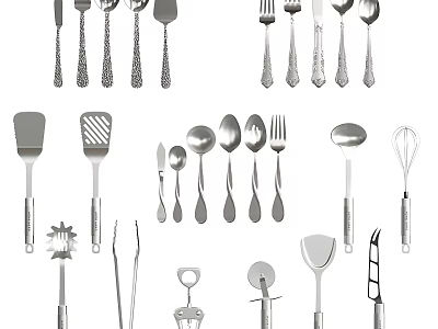 Complete Stainless Steel Cutlery Set with Spoons Forks Knives and Kitchen Utensils 3d model
