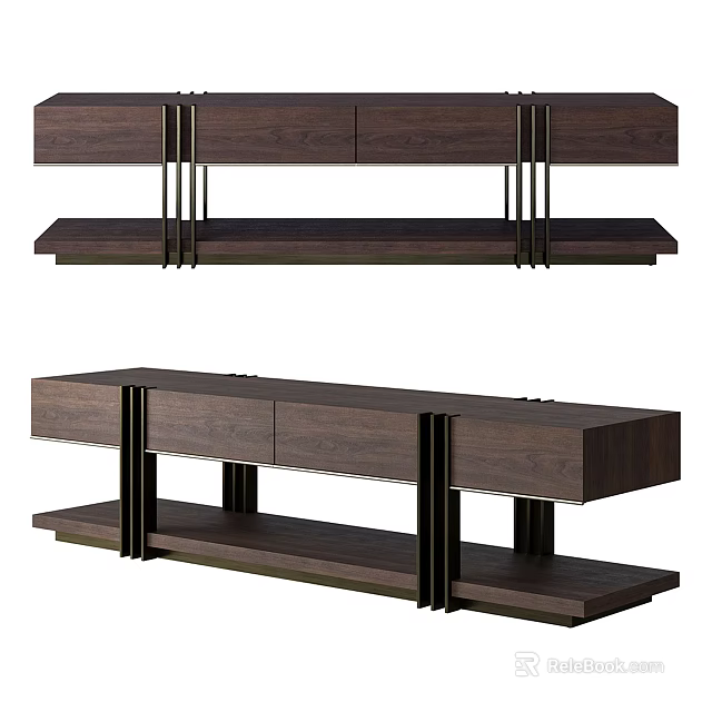 Modern Dark Wood TV Stand With Metal Support Legs And Storage Design 3d model 