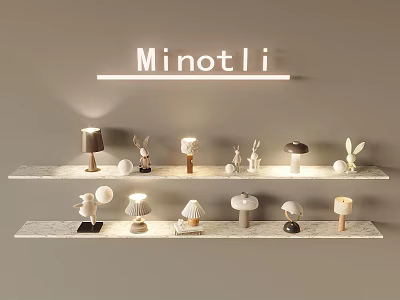 Minotli Modern Table Lamps Display On Two Tiered Wall Shelves With Decorative Items 3d model