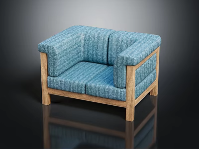 Blue Striped Fabric Single Sofa With Wooden Armrests And Legs 3d model