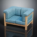 Blue Striped Fabric Single Sofa With Wooden Armrests And Legs
