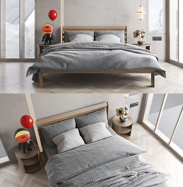 Modern Double Bed In Bedroom Interior With Wooden Frame Gray Bedding And Side Tables 3d model 