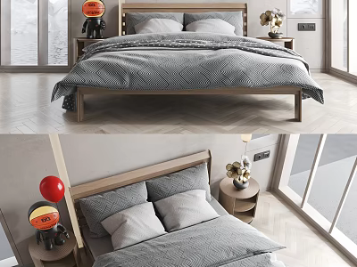 Modern Double Bed In Bedroom Interior With Wooden Frame Gray Bedding And Side Tables 3d model