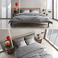 Modern Double Bed In Bedroom Interior With Wooden Frame Gray Bedding And Side Tables