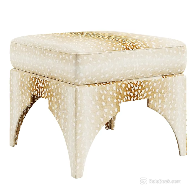 Beige Leather Ottoman With Gold Speckled Pattern And Curved Decorative Legs 3d model 