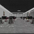 Modern Exhibition Hall Interior With White Round Counters Blue Accents And Gray Marble Flooring