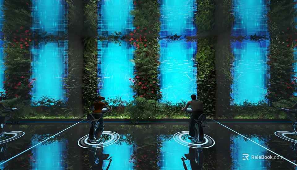 Modern Digital Environment With Blue Holographic Screens Green Vertical Gardens And People 3d model 