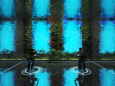 Modern Digital Environment With Blue Holographic Screens Green Vertical Gardens And People 3d model