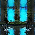 Modern Digital Environment With Blue Holographic Screens Green Vertical Gardens And People