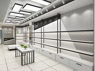 Modern Open Store Interior Design With White And Black Shelves Display Cabinets And Lighting 3d model