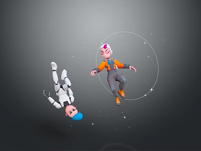 White Robot and Pink Haired Character Floating With Stars and Circles 3d model