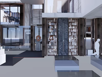 Elegant Modern Sales Office With Large Windows Glass Curtain Wall And Display Shelves 3d model