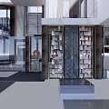 Elegant Modern Sales Office With Large Windows Glass Curtain Wall And Display Shelves