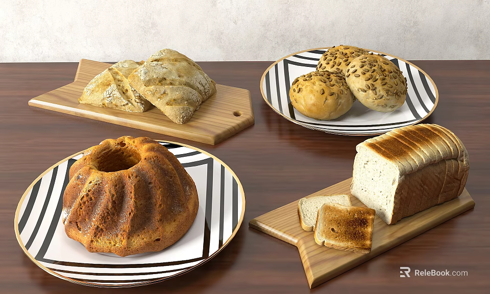 Assorted Fresh Baked Bread Cake Loaf and Seeded Rolls on Plates and Wood Boards 3d model 