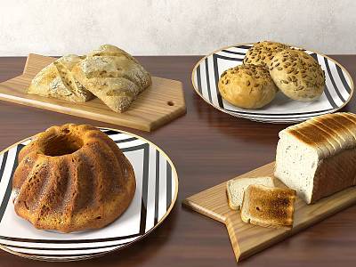 Assorted Fresh Baked Bread Cake Loaf and Seeded Rolls on Plates and Wood Boards 3d model