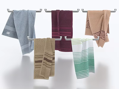 Collection Of Towels With Various Colors And Styles Hanging On Rack 3d model