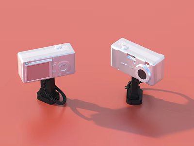 Two Portable White Digital Cameras with Black Stands on Pink Background 3d model