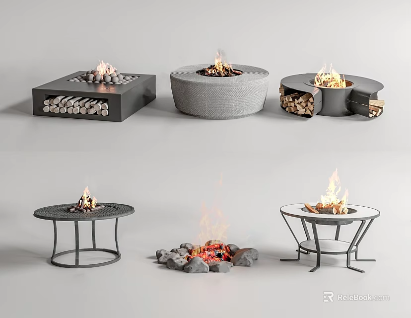 Outdoor Garden Decor With Various Shaped Fire Pits Metal Stone Materials And Burning Flames 3d model 