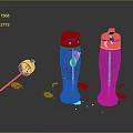 Household Items With Blue Caps Different Bottle Designs And Liquid Drips On Dark Surface