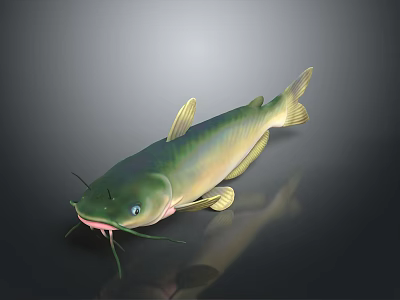 Vibrant Green Aquatic Catfish With Distinct Yellow Fins And Long Whiskers Isolated In Dark Background 3d model