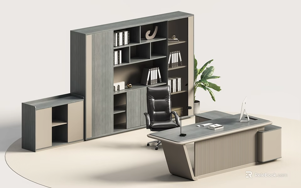Modern Office Desk Setup With Wooden Bookcase Black Chair And Potted Plant 3d model 