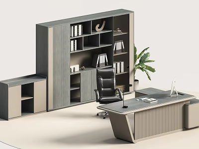 Modern Office Desk Setup With Wooden Bookcase Black Chair And Potted Plant 3d model