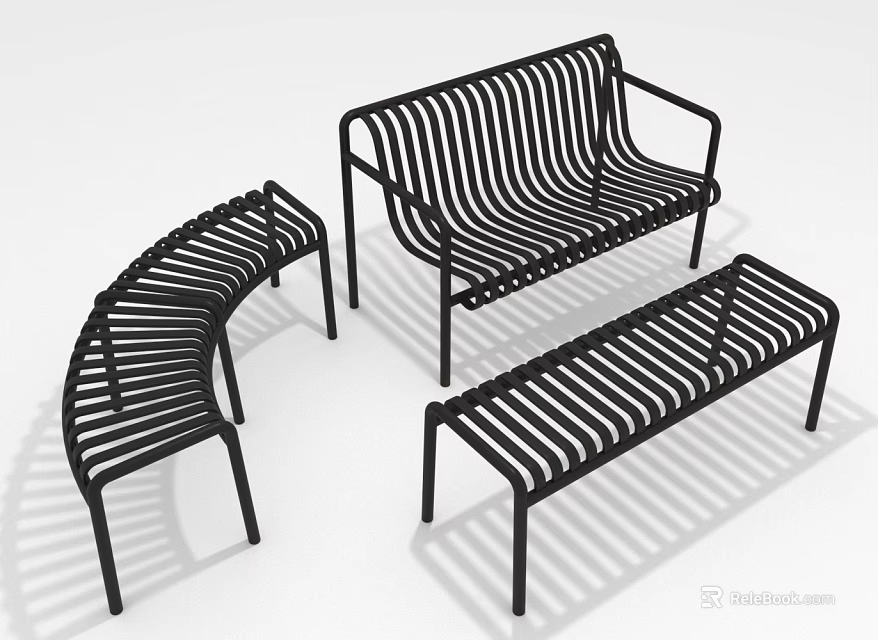 Sleek Black Metal Slatted Furniture Set With Armless Sofa Curved And Rectangular Benches 3d model 