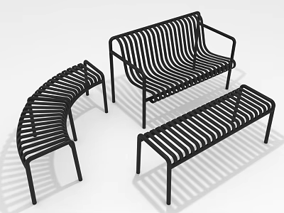 Sleek Black Metal Slatted Furniture Set With Armless Sofa Curved And Rectangular Benches 3d model