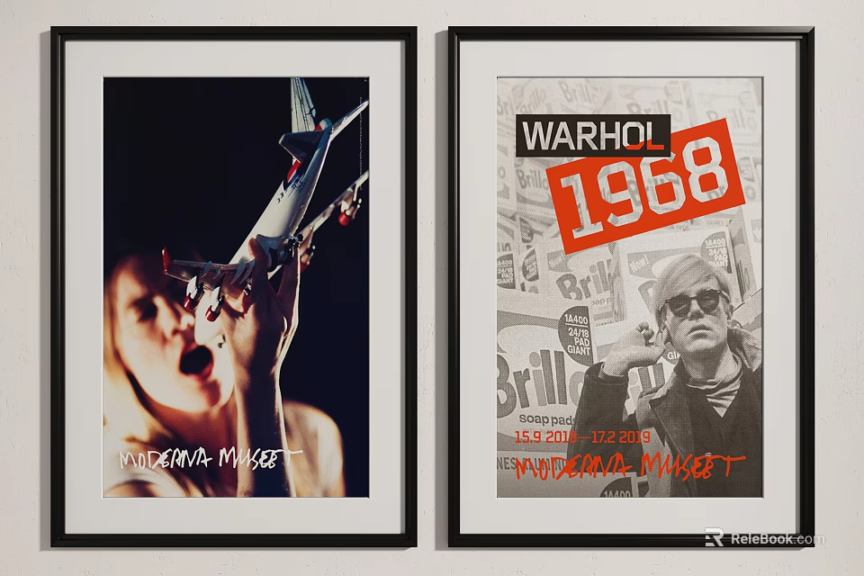 Framed Museum Posters Featuring Warhol 1968 Art And Airplane Model Design 3d model 