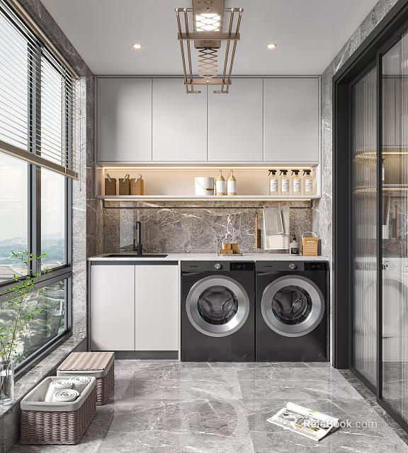 Modern Balcony Interior With Double Washing Machines Marble Countertop And White Cabinets 3d model 