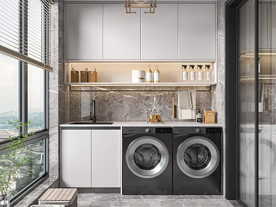 Modern Balcony Interior With Double Washing Machines Marble Countertop And White Cabinets 3d model