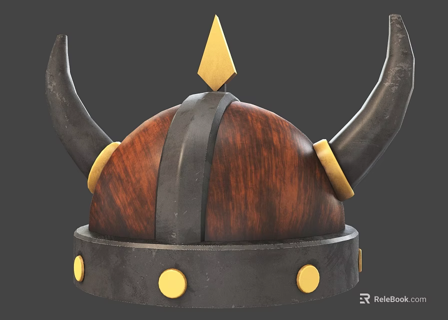 Viking Horned Helmet With Wooden Metal Material Golden Spike And Studs 3d model 