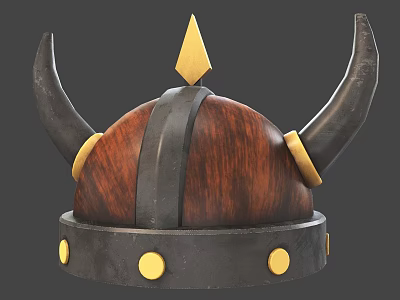 Viking Horned Helmet With Wooden Metal Material Golden Spike And Studs 3d model