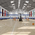 Indoor Basketball Court With Wooden Floor Basketball Hoop Colorful Banners And Ceiling Lights 3d model