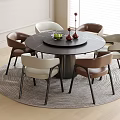 Modern Round Table and Chairs Set With Brown Beige Seats Fruit Bowl And Round Rug