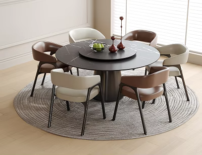 Modern Round Table and Chairs Set With Brown Beige Seats Fruit Bowl And Round Rug 3d model