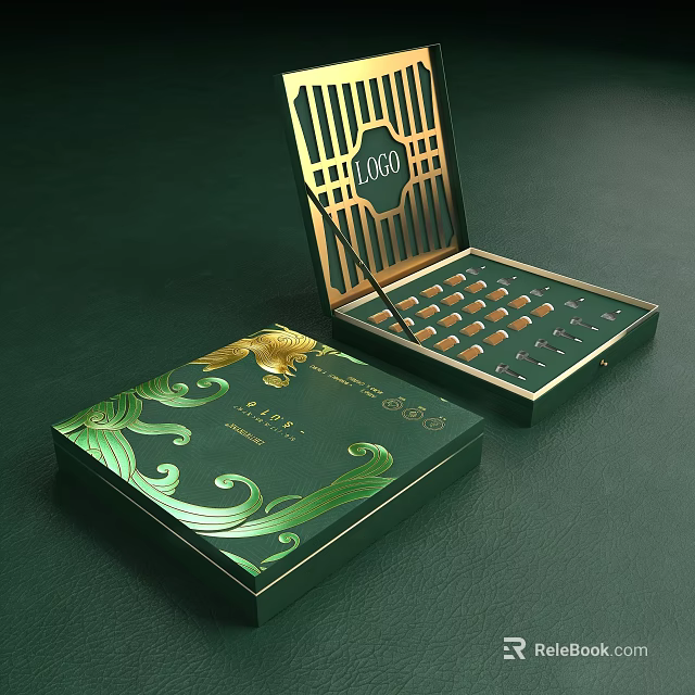 Perfume Cosmetics Elegant Green Luxury Packaging with Gold Accents Opened Box Containing Arranged Small Bottles 3d model 