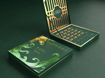 Perfume Cosmetics Elegant Green Luxury Packaging with Gold Accents Opened Box Containing Arranged Small Bottles 3d model