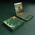 Perfume Cosmetics Elegant Green Luxury Packaging with Gold Accents Opened Box Containing Arranged Small Bottles