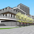 Modern High Rise Hotel Building Complex With Green Roof Plaza Water Feature And Pedestrian Walkways