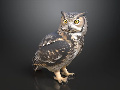 Realistic Owl Figure With Yellow Eyes Standing On Black Surface 3d model