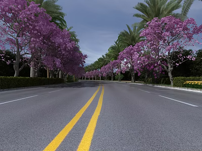 Scenic Road With Purple Flowering Trees Yellow Double Lines Palm Trees And Green Hedges 3d model