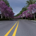 Scenic Road With Purple Flowering Trees Yellow Double Lines Palm Trees And Green Hedges
