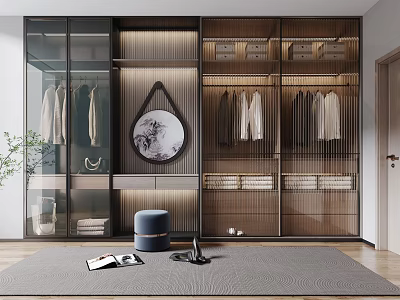 Modern Wooden Wardrobe With Glass Doors Storage Shelves And Decorative Wall Art 3d model